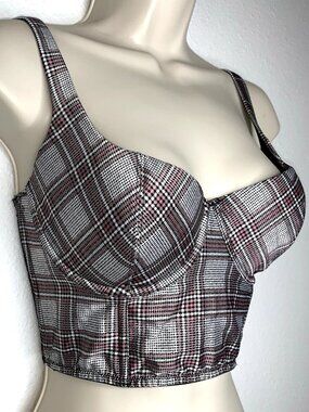 Victoria Secret LONGLINE Balconette BRA 32D Silver & Brown Plaid Y2K Whimsygoth